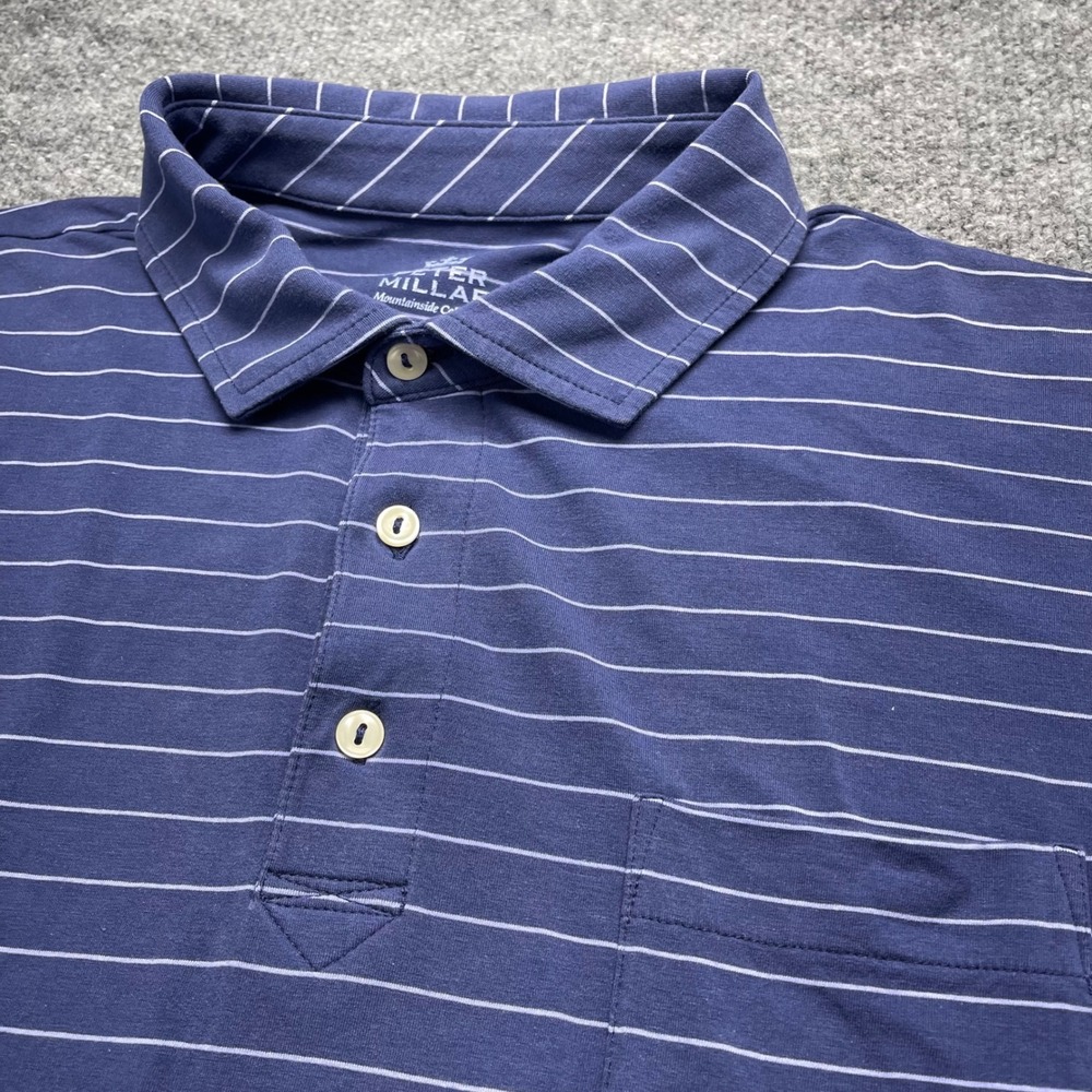 Peter Millar Mountainside Collection Mens Large Blue Striped Camel Polo Shirt